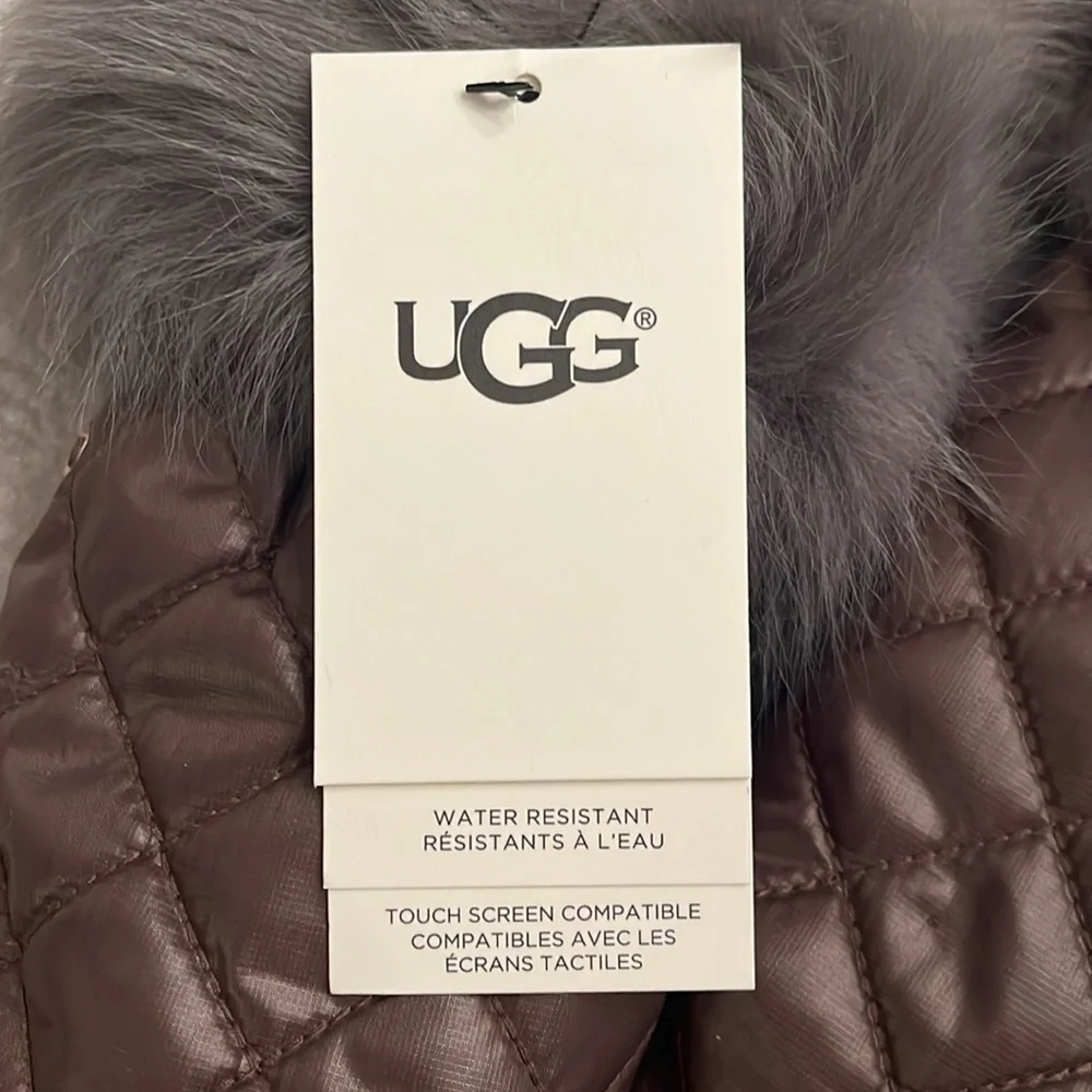 Brand New UGG Quilted All Weather Touchscreen Mittens Leather Palm Real Fur Cuff